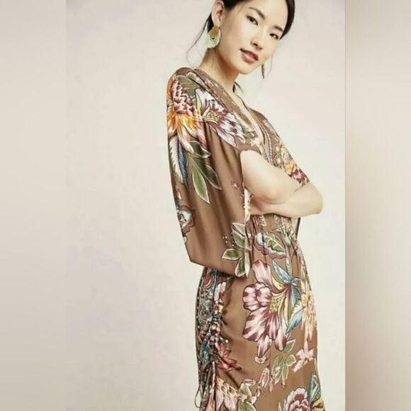 Farm Rio Anthropologie Valentina Dress In Brown Motif Size Extra Small NWT - Picture 2 of 15